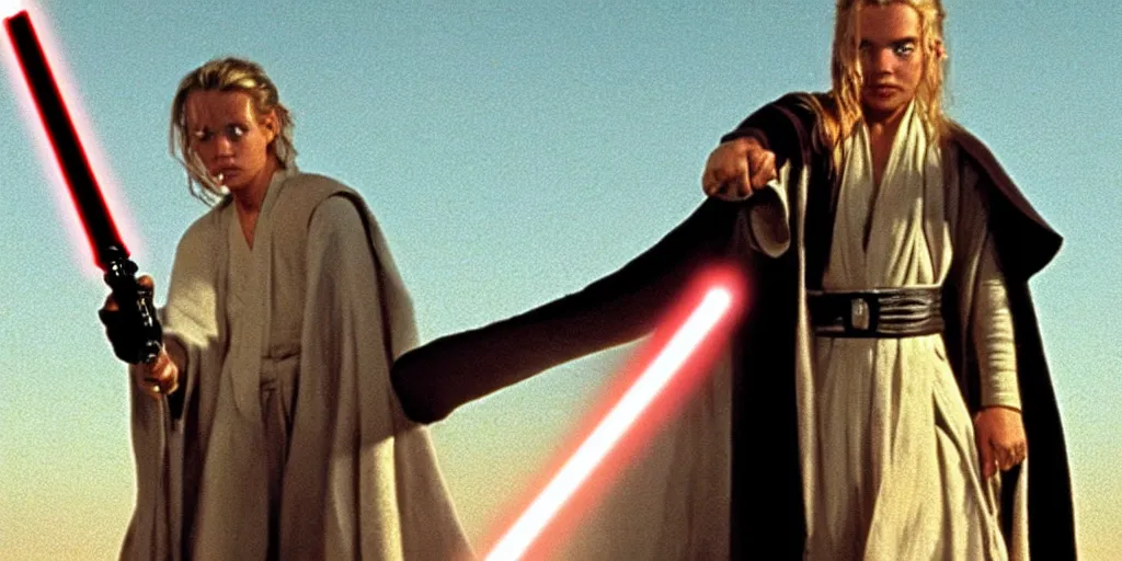 Prompt: !dream A full color still of a teenage blonde Jedi padawan holding the HILT of a lightsaber, looking scared, at golden hour!, from The Phantom Menace, directed by Steven Spielberg, 35mm!!! 1990