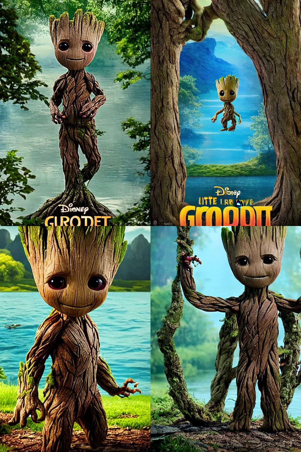 Prompt: little cute Groot lies in the lake, against the backdrop of trees, poster, by disney plus