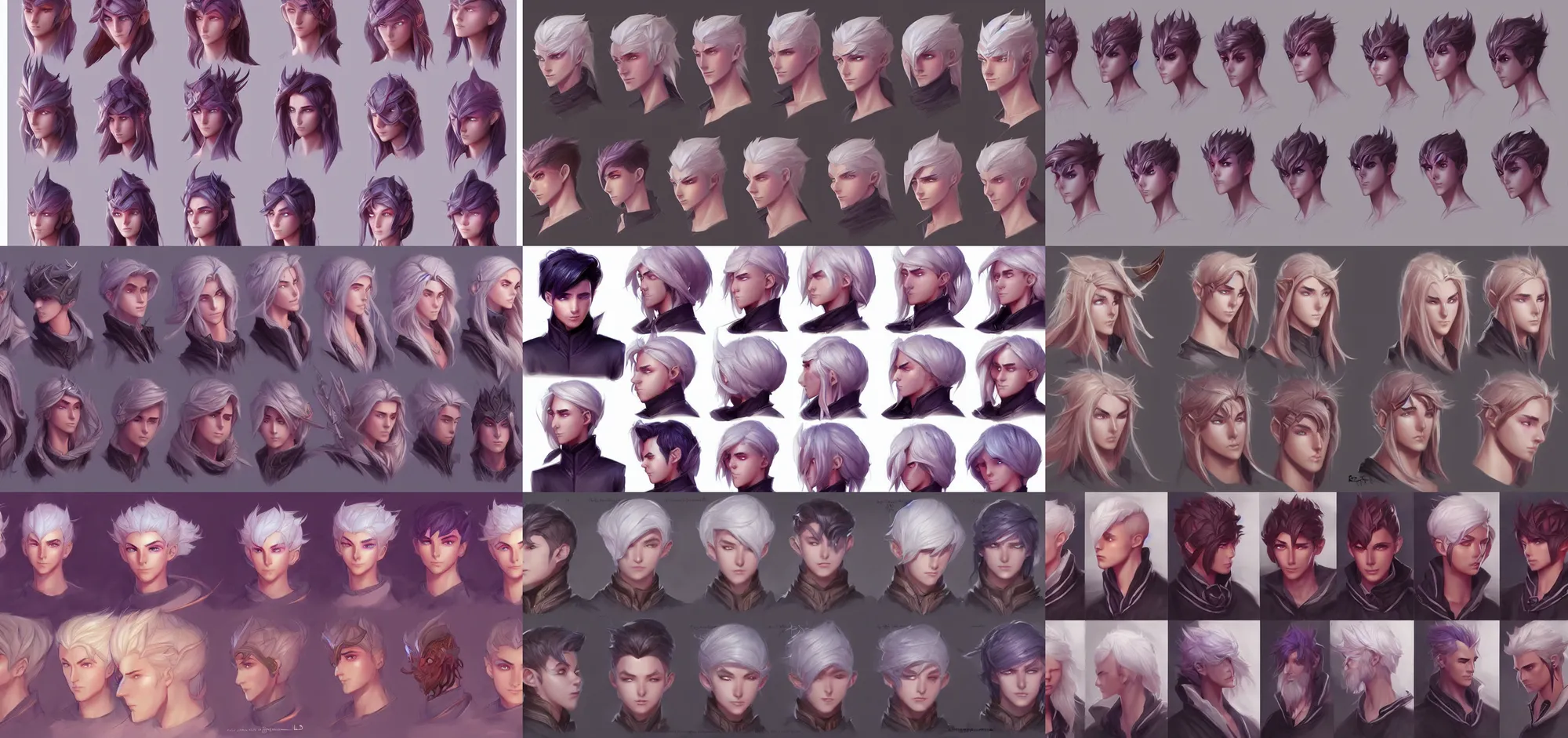 Prompt: concept art of young male wizard spell casting book l d & d characters head designs, unique hairstyles, by marc brunet and artgerm