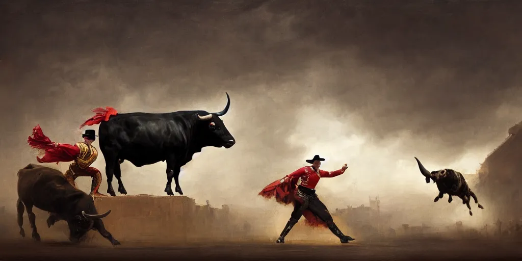 Prompt: a bullfighter fighting a bull in a bullring, mythology, extremely detailed digital painting, in the style of goya and ruan jia and jeremy lipking and peter mohrbacher, mystic colors, edge light, beautiful lighting, 4 k, scene dazzling, ray tracing, octane, trending on artstation