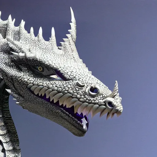 Prompt: a 128 foot tall elegant female silver western dragon with purple accents, having a 360 foot long wingspan; The scales smooth and streamlined, while having a sleek and sharp crest; two epic eyes bright blue right above the jawline; the snout sharp and pointed, yet sleek and elegant; she looks toward the camera; close-up bust, high quality 16k digital art, deviantart, furaffinity