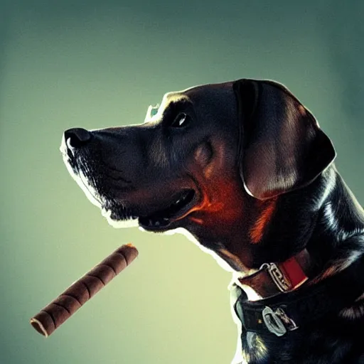 Image similar to a dog wearing smoking a cigar, dramatic lighting, cinematic, establishing shot, extremly high detail, photorealistic, cinematic lighting, concept art, artstation, style by greg rutkowsky