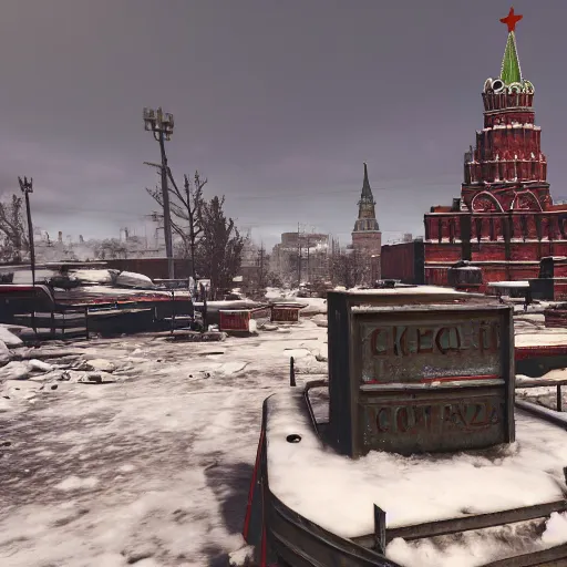 Prompt: Moscow Red Square post-nuclear war in the snow in Fallout 4, in game screenshot