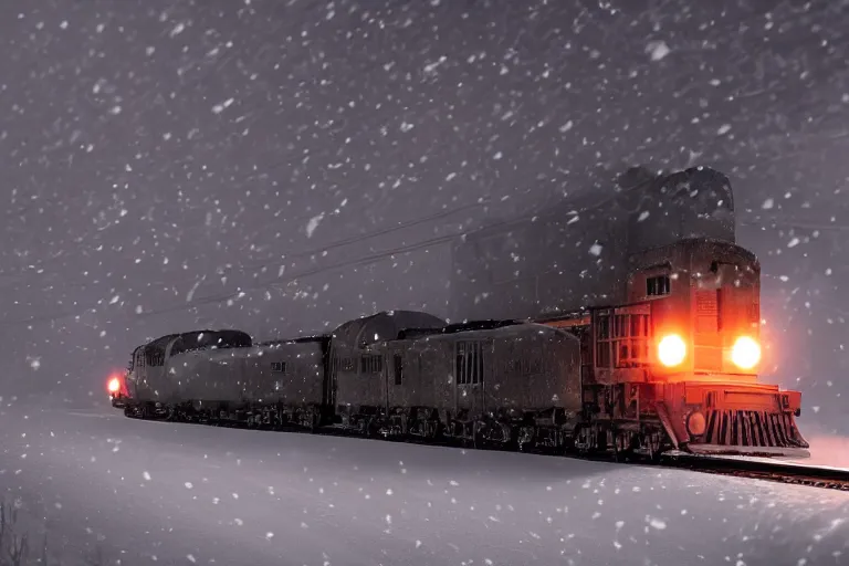 Image similar to an old locomotive rushing through snow storm in high speed, white steam on the side, dark smoke with fire! from the pipes, dynamic angled shot, speed lines, fire particles and snowflakes everywhere, 8 k, hyperrealistic, ultra sharp, octane render, unreal engine, artstation, very detailed, 1 6 k, eerie moon eclipse cinematic scenery