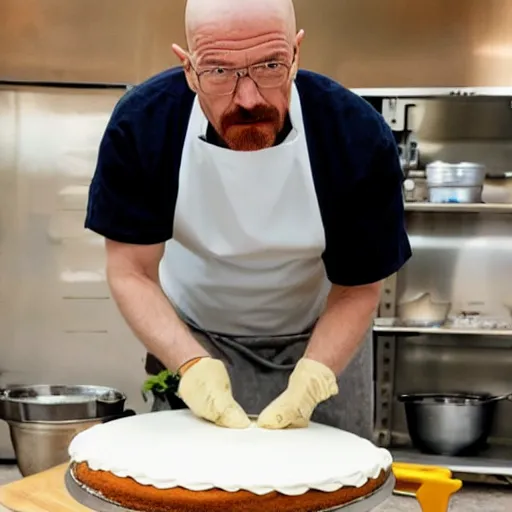 Image similar to walter white cooking a cake with chef hat