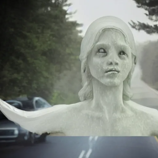 Image similar to creepy lovecraftian angel in the road, taken with car dash camera, real photo