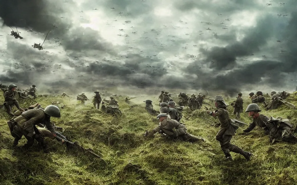 Image similar to fight ww 1, deep trenches with fortifications, natural landscape, green and blue tones, soldiers fighting against aliens from edge of tomorrow, realistic people, ground explosion in the background, alien mothership in the sky, hyper realistic, highly detailed, dramatic lighting, raytarced, god rays, 4 k, 8 k, art by artgem