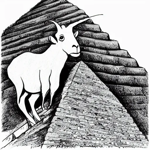 Image similar to mountain goat on a pyramid in Far Side style, cartoon