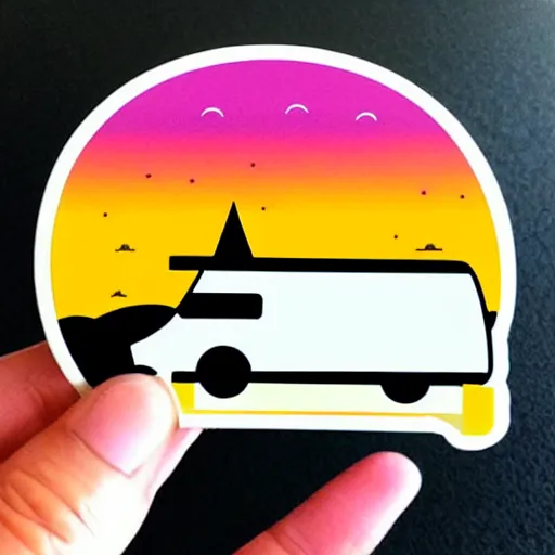 Prompt: sticker of a white and black cute thor chateau! motorhome camper!!, mountains, colorful sunset!!, stencil, sticker!! by tom whalen