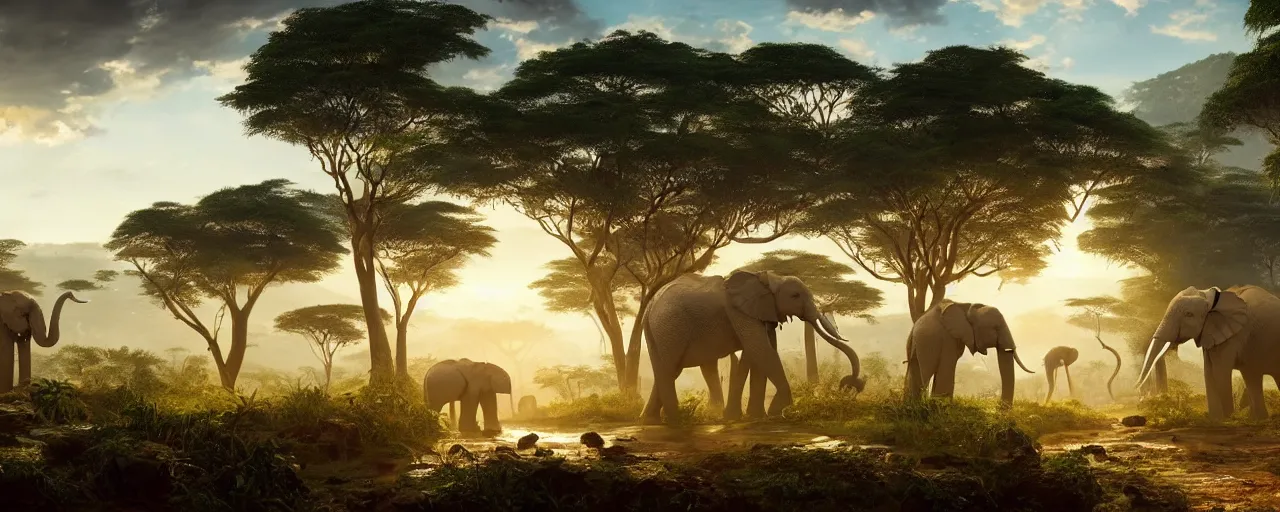 Image similar to African elephants in the jungle, beautiful dynamic lighting, cinematic, wide angle establishing shot, extremely high detail, photo realistic, cinematic lighting, post processed, concept art, artstation, matte painting, style by frederic church, raphael lacoste, unreal engine 8k