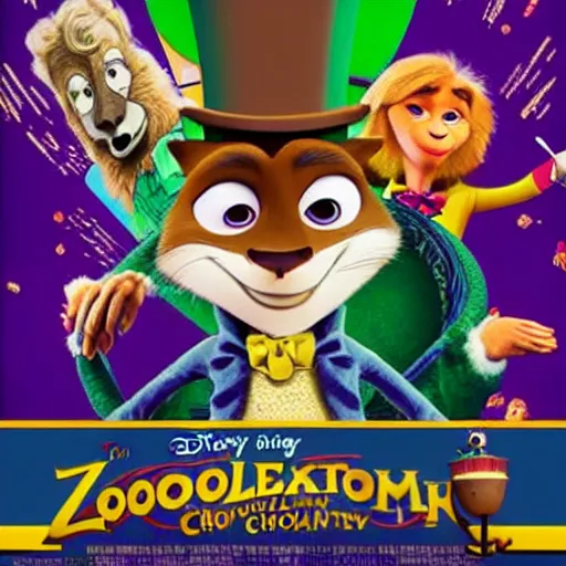 Image similar to willy wonka and the chocolate factory, animated in the style of zootopia