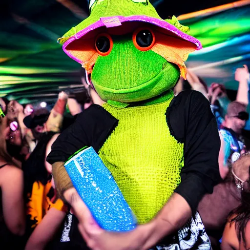 Prompt: frog wearing a bucket hat at a rave, photography