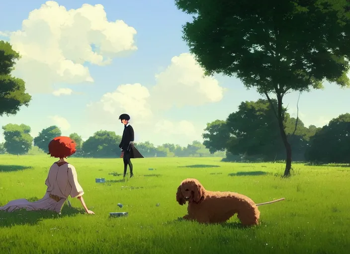 Image similar to france 1 9 2 0's, young adult playing with a goldendoodle dog on a green meadow, golden hour, finely detailed perfect art, gapmoe yandere grimdark, trending on pixiv fanbox, painted by greg rutkowski makoto shinkai takashi takeuchi studio ghibli