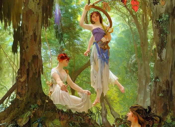 Prompt: bird's eye view, magical forest with a waterfall, lush trees, three fairies dancing around a maypole, magical, vivid colors, rule of thirds, a fantasy digital painting by alphonse mucha and john william waterhouse, trending on artstation, highly detailed, sharp lines