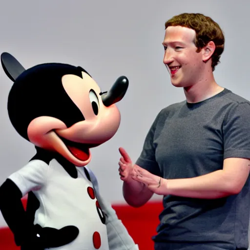 Image similar to Mark Zuckerberg happy to meet Mickey Mouse