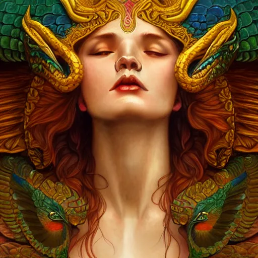 Prompt: a quetzalcoatl, diffuse lighting, fantasy, intricate, elegant, highly detailed, lifelike, photorealistic, digital painting, artstation, illustration, concept art, smooth, sharp focus, art by john collier and albert aublet and krenz cushart and artem demura and alphonse mucha