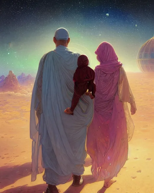 Image similar to bedouin man and woman and child in galaxy walking towards mosque surrounded by nebula, highly detailed, gold filigree, romantic storybook fantasy, soft cinematic lighting, award, disney concept art watercolor illustration by mandy jurgens and alphonse mucha and alena aenami, pastel color palette, featured on artstation