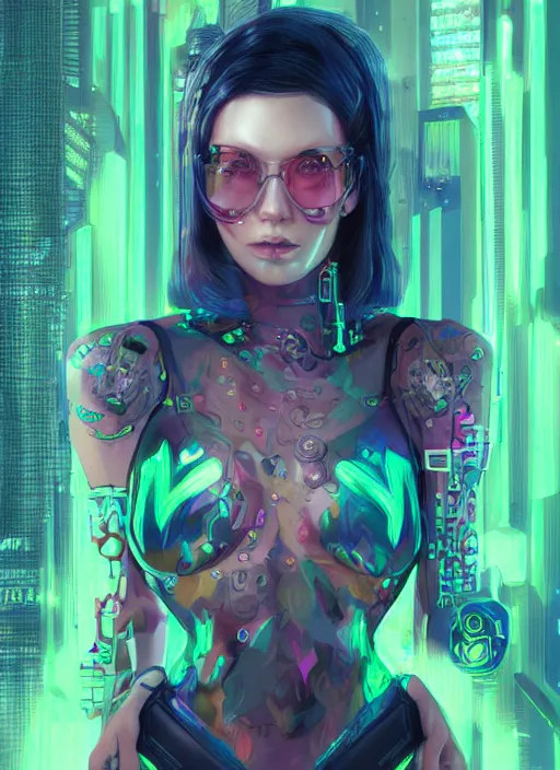 Image similar to portrait of cyberpunk woman surrounded by fluorescent and slimy scales, illutration by Artgerm, highly detailed, trending on artstation