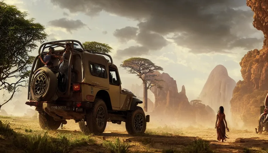 Image similar to mahindra thar driving through madagascar with baobabs trees, tribe members chasing for an attach, action scene, artgerm and greg rutkowski and alphonse mucha, an epic fantasy, volumetric light, detailed, establishing shot, an epic fantasy, trending on art station, octane render, midsommar