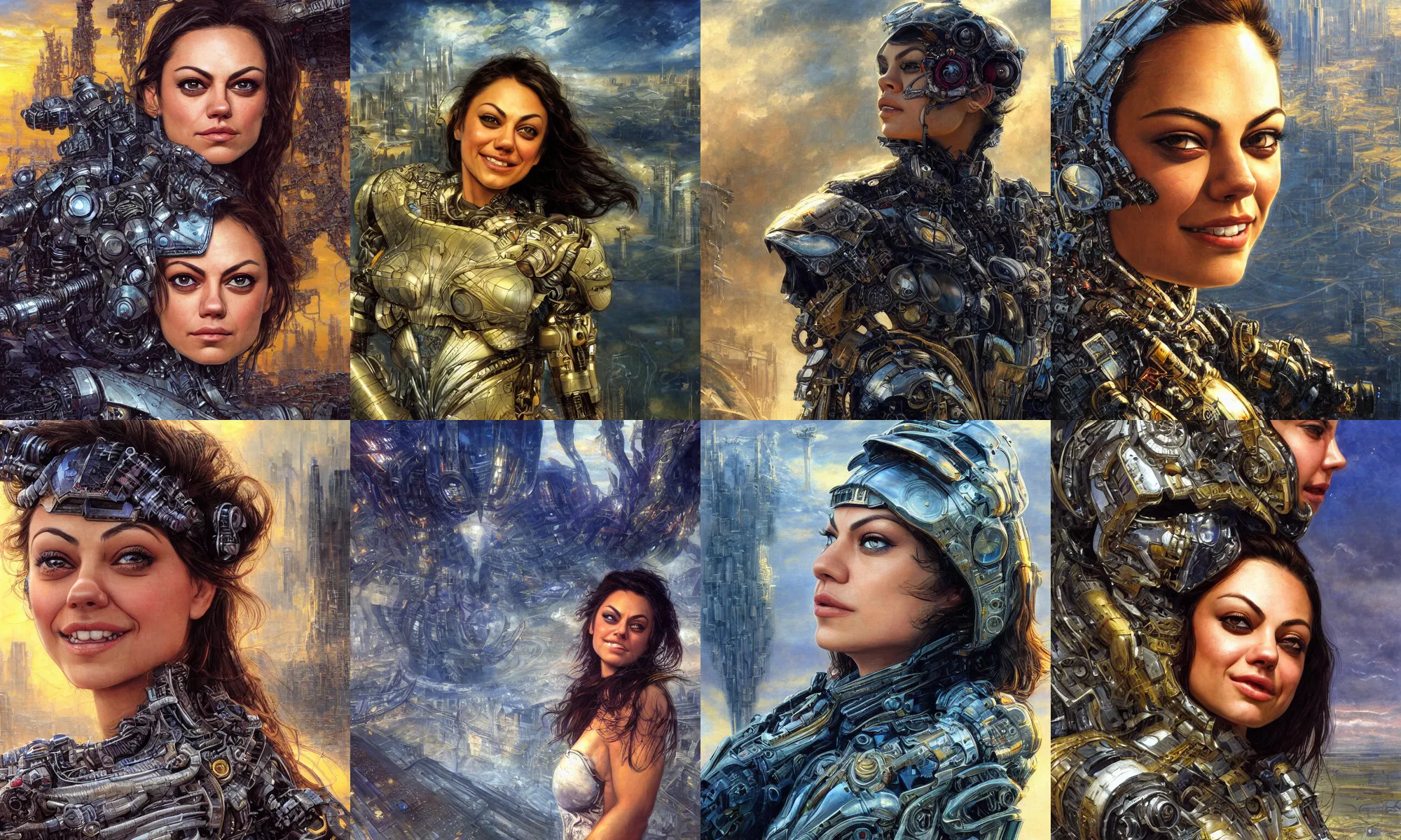 Image similar to close - up portrait of epic mila kunis smiling into camera, intricate cyborg armor, vista of futuristic city, windy, golden hour, wlop, by gerald brom, by mikhail vrubel, by peter elson, muted colors, extreme detail, trending on artstation