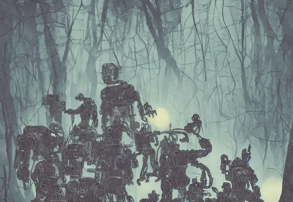 Image similar to handmade illustration of Robots, line art, ink, some small silhouetted medieval men among the trees, watercolor by Kilian Eng and by Jake Parker, winning-award masterpiece, fantastic, octane render, 8K HD Resolution, High quality image