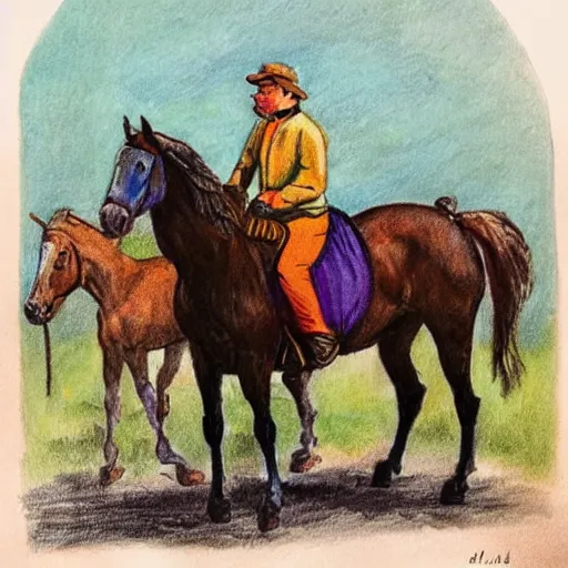 Image similar to colorful drawing of an irishman surrounded by many horses