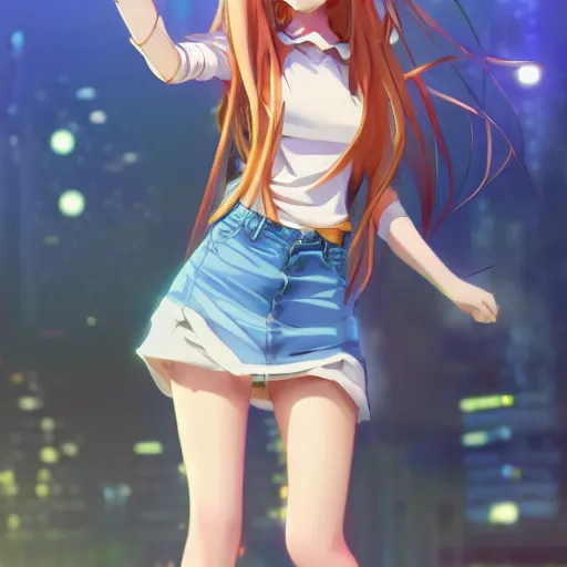 Image similar to a very beautiful anime girl, full body, long golden hair, sky blue eyes, full round face, short smile, mini jeans skirt, cute top, futuristic setting, cinematic lighting, medium shot, mid-shot, highly detailed, trending on Artstation, Unreal Engine 4k, cinematic wallpaper by Stanley Artgerm Lau, WLOP, Rossdraws, James Jean, Andrei Riabovitchev, Marc Simonetti, and Sakimichan