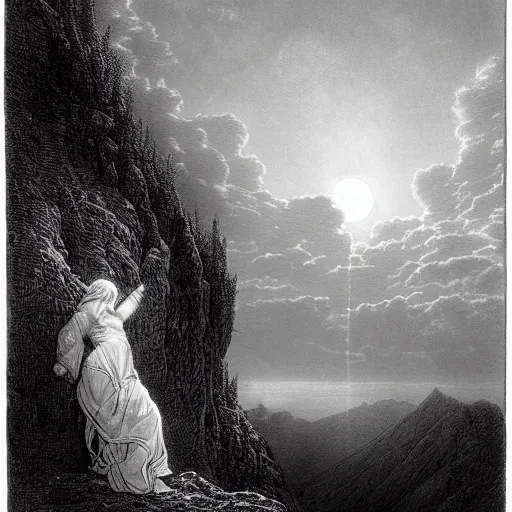 Image similar to A widow looks from a mountaintop, mountains, gorgeous view, velly distant forest, distant city, distant glow, night, moon, dramatic light, Chiaroscuro, long shadows, dark, thunderclouds, masterpiece, high detail, detailed, illustration by Paul Gustave Doré