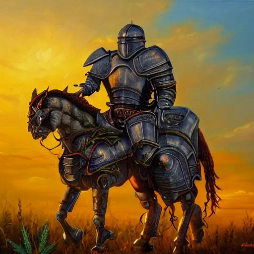 Prompt: an extremly detailed oil painting of a full armored knight, blessing a field of cannabis plants at sunset, trending on artstation, colorful