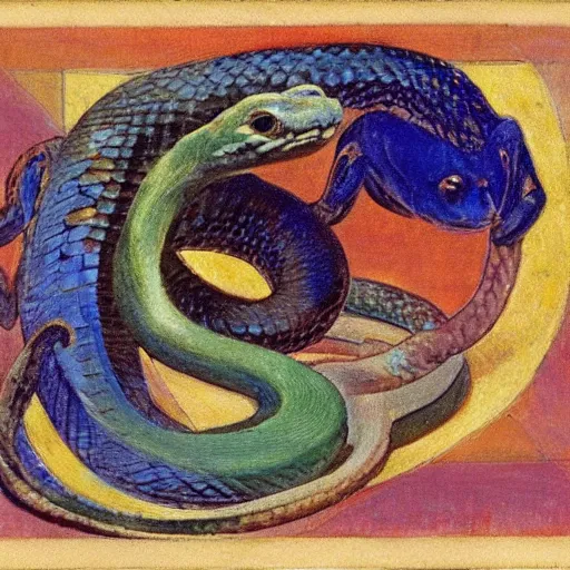 Prompt: A beautiful collage of a snake eating its own tail that seems to go on forever. electric color by Kurt Schwitters, by Henry Ossawa Tanner