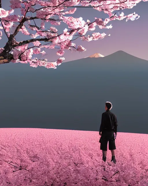 Prompt: A warrior standing near a cherry blossom tree, he is looking at a volcanic mountain that is erupting, 3d render, digital art