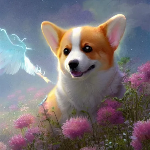 Prompt: angelic corgi in heaven, adorable, cute, hyperrealistic, very lifelike, extremely detailed, soft focus, glowing, beautiful digital illustration by artgerm, moebius, greg rutkowski, ruan jia, simon stalenhag, makoto shinkai, rossdraws, alphonse mucha, trending on artstation, pixiv, 8 k