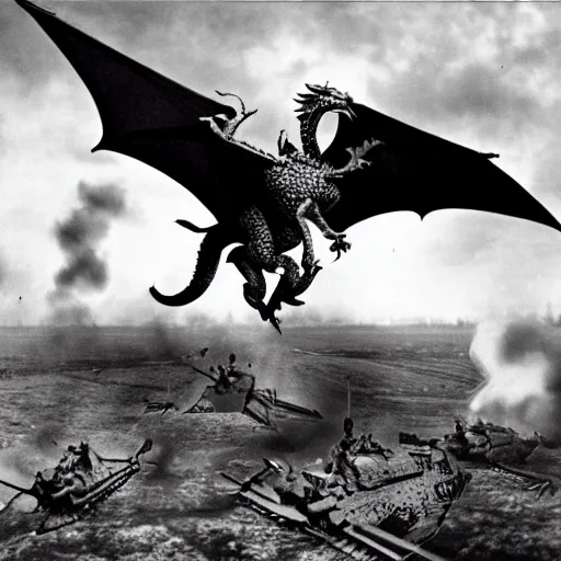 Image similar to lack and white photo Dragons in Battle of Kursk WWII, dragons flying in the sky