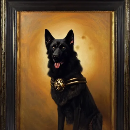 Image similar to a portrait of a man depicted as a black german shepherd dogman canine, star trek the next generation. highly detailed painting by gaston bussiere, craig mullins, j. c. leyendecker