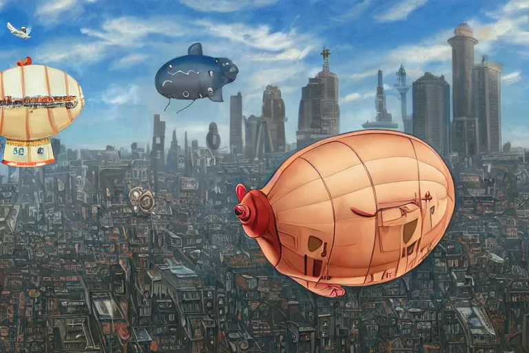 Image similar to a blimp in the shape of a pig, steampunk, digital art, extremely detailed, flying over a city