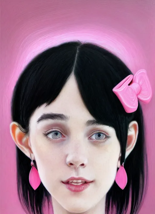 Image similar to portrait of teenage girl, realistic, black hair, bangs, half updo hairstyle, pointy nose, skinny, smile, ugly, defined jawline, big chin, pink hair bow, earrings, intricate, elegant, glowing lights, highly detailed, digital painting, artstation, sharp focus, illustration, art by wlop, mars ravelo and greg rutkowski