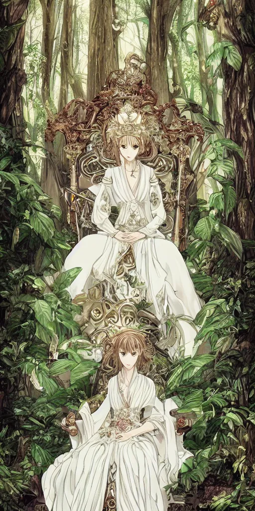 Image similar to an highly detailed magical empress sitting by herself on a sofa in a forest wearing a white robe drawn by cloverworks studio, elegant, beauty, tarot card, Tarot card the empress