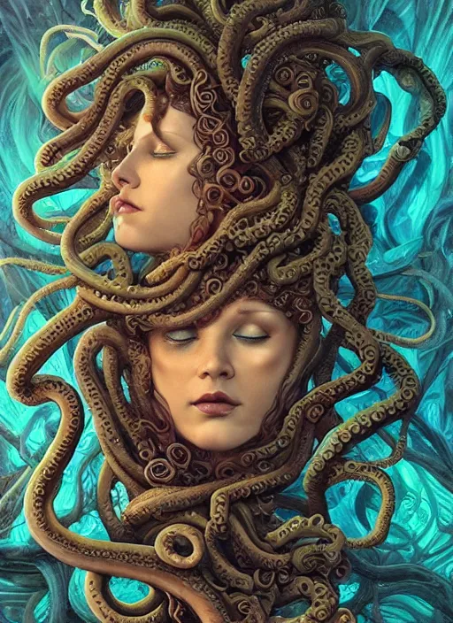 Prompt: medusa with tentacle hair, wooden art nouveau swirls, strong subsurface scattering, cables, tubes, subsurface scattering, in the style of james jean and tomasz alen kopera and giger, subsurface scattering, mystical colors, rim light, soft lighting, 8 k, stunning scene, raytracing, octane render, trending on artstation