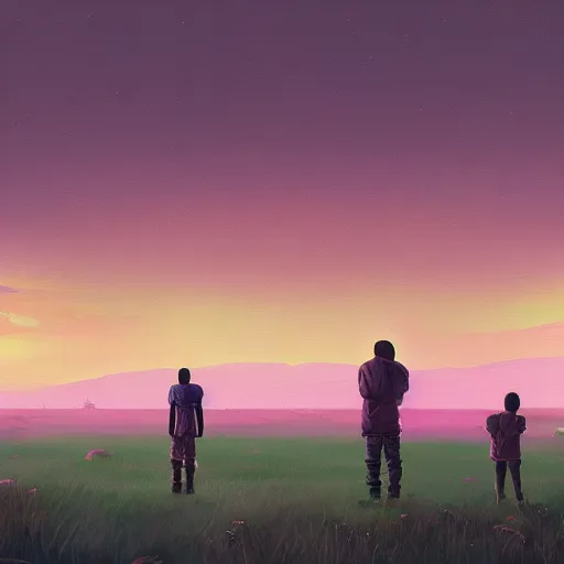 Image similar to A painting of Kanye West and his family looking on at the horizon, afrofuturism, Simon Stalenhag, 8K concept art, purple skies, intricate details, minimal artifacting