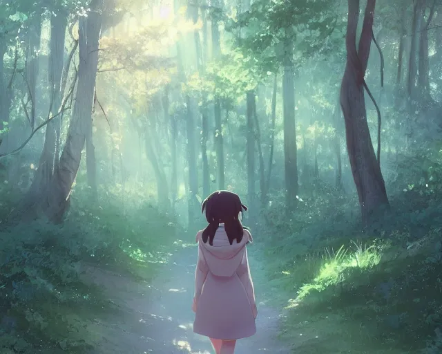 Prompt: an angel walking through the woods, an angel walking through the woods, holy aura, mystical, hopeful, soft lighting, atmospheric lighting By Makoto Shinkai, trending on ArtStation, digital art.