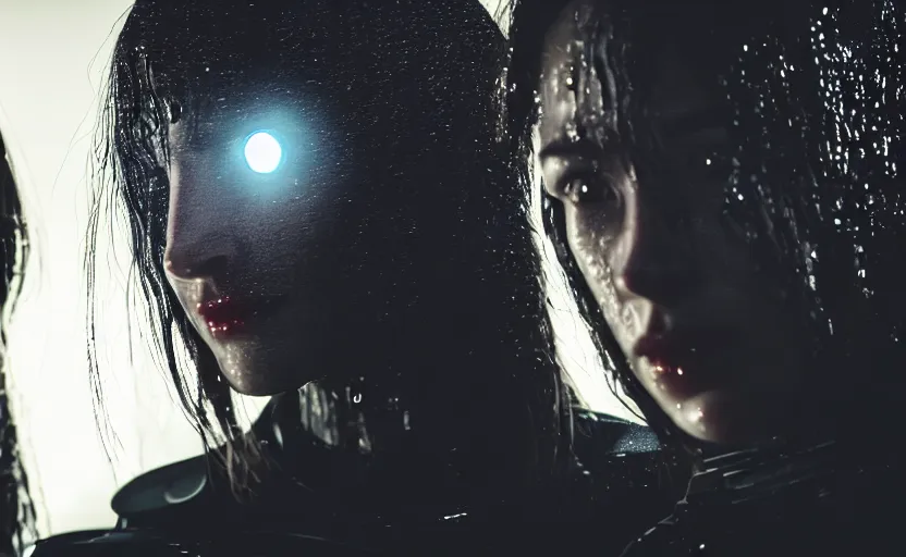 Image similar to cinestill 5 0 d candid photographic portrait by christopher nolan of two loving female androids sobbing wearing rugged black mesh techwear in treacherous city waters, medium closeup, modern cyberpunk moody emotional cinematic, pouring iridescent rain bright spotlight, 8 k, hd, high resolution, 3 5 mm, f / 3 2, ultra realistic faces, ex machina