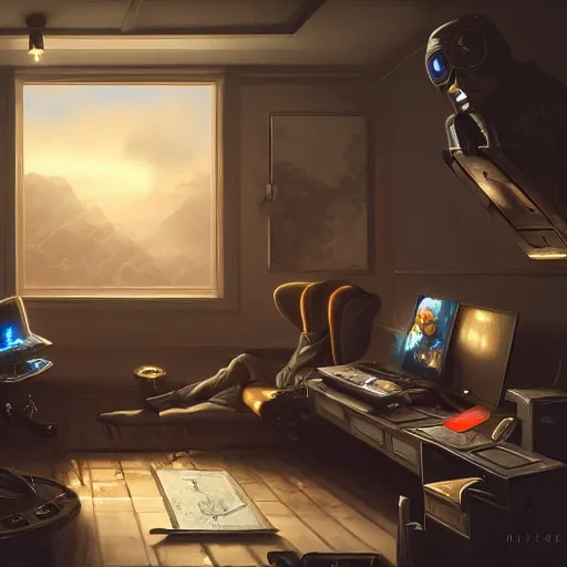 Prompt: realistic rich man using laptop in gaming room, artstation trends, sci fi concept art, highly detailed, intricate, sharp focus, digital art, 8 k