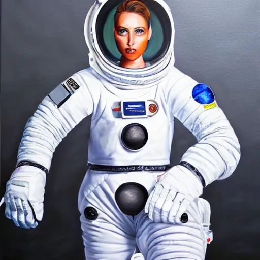 Prompt: fashion model in futuristic astronaut suit, full body portrait, hyperrealism oil painting