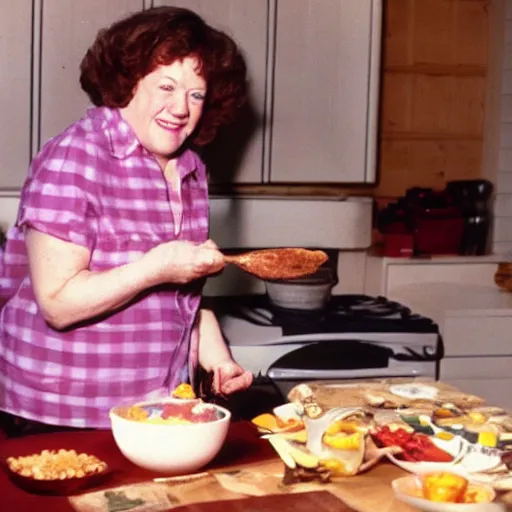 Image similar to color photo of julia child cooking show making corn dogs