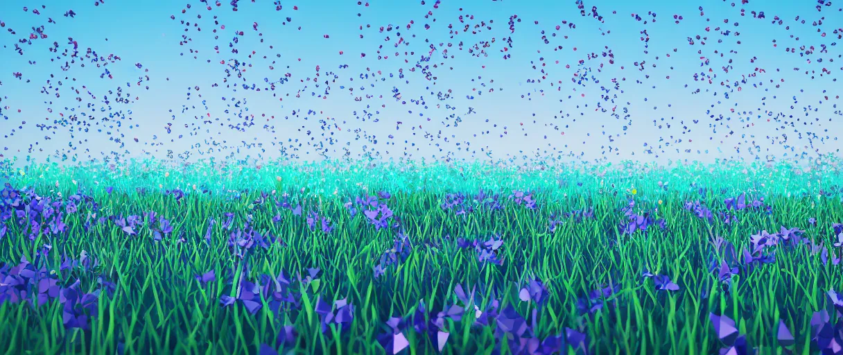 Prompt: 3 d render, low poly art, minimalist, flowers, teal sky, lowpoly, field of dreams, particles floating, unreal engine, dreamy, bokeh, bounce light, radiant lighting