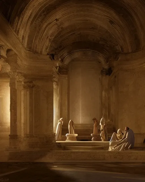 Image similar to inside a tomb, light coming in from the left, 2 angels with wings, 3 women in robes, fibonacci, by artgerm, caravaggio, craig mullins