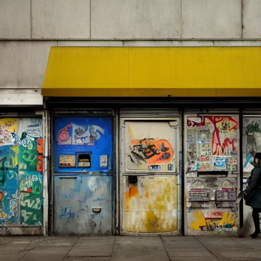 Image similar to incredible wide screenshot, ultrawide, simple watercolor, rough paper texture, ghost in the shell movie scene, backlit distant shot of girl in a parka running from a giant robot invasion side view, yellow parasol in deserted dusty shinjuku junk town, broken vending machines, bold graphic graffiti, old pawn shop, bright sun bleached ground, mud, fog, dust, windy, scary robot monster lurks in the background, ghost mask, teeth, animatronic, black smoke, pale beige sky, junk tv, texture, brown mud, dust, tangled overhead wires, telephone pole, dusty, dry, pencil marks, genius party,shinjuku, koji morimoto, katsuya terada, masamune shirow, tatsuyuki tanaka hd, 4k, remaster, dynamic camera angle, deep 3 point perspective, fish eye, dynamic scene