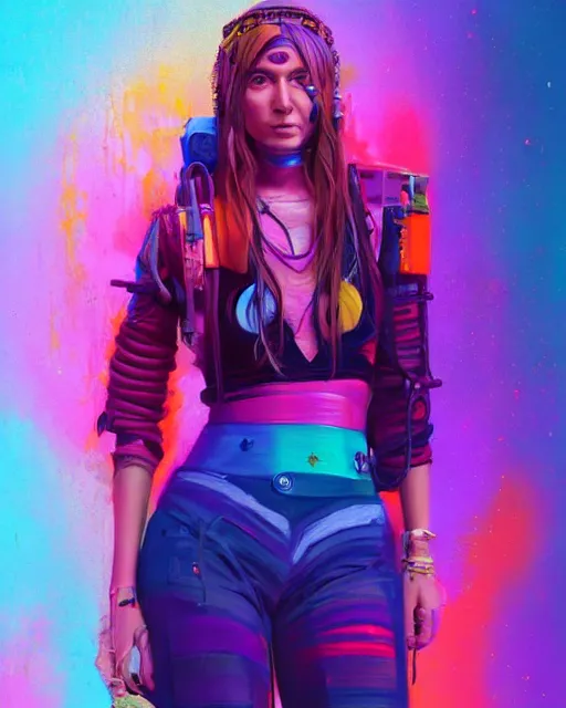 Image similar to colorful full body portrait of a hippie, set in the future 2 1 5 0 | highly detailed | very intricate | symmetrical | professional model | cinematic lighting | award - winning | painted by mandy jurgens and ross tran | pan futurism, dystopian, bold colors, cyberpunk, groovy vibe, anime aesthestic | featured on artstation