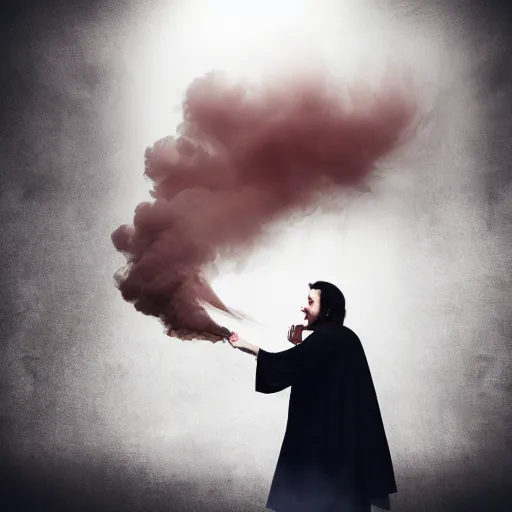 Image similar to dracula exhaling a huge smoke cloud of blood, award winning conceptual photography