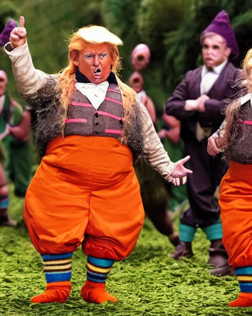Image similar to dancing dwarf sized oompa loompas look just like donald trump, charlie and the chocolate factory, photorealistic